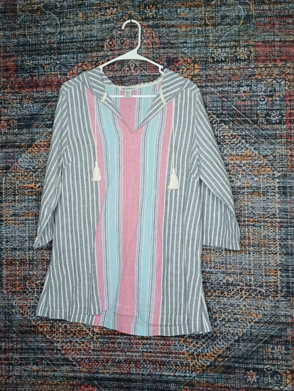 Tommy Bahama womens colorful striped Linen 3/4 sleeve hoodie M